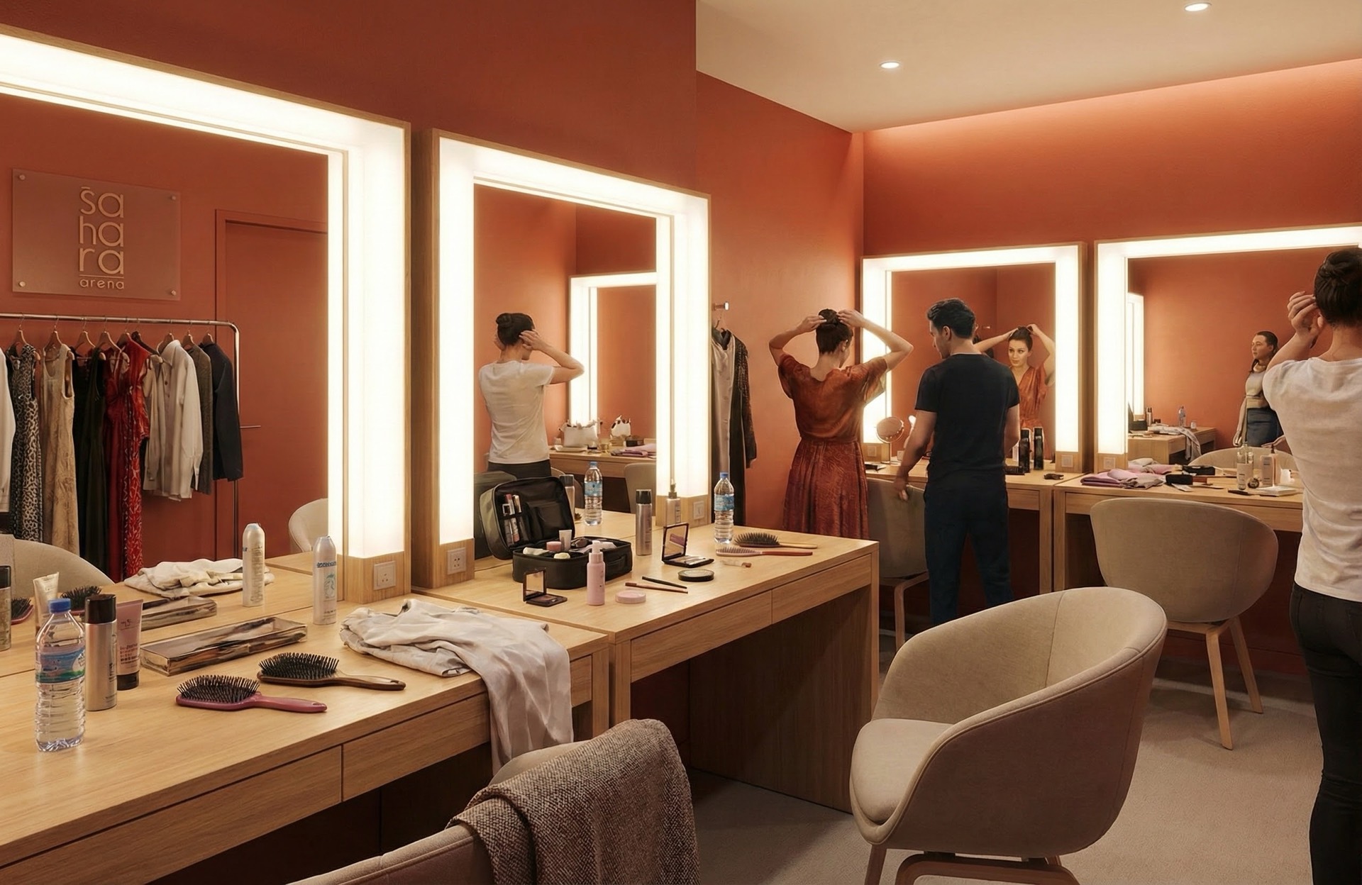 Artist dressing rooms with professional styling stations