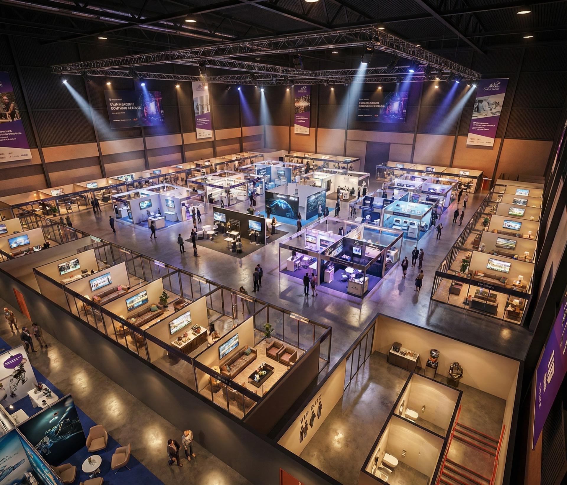 Exhibition hall with VIP boxes overlooking the floor