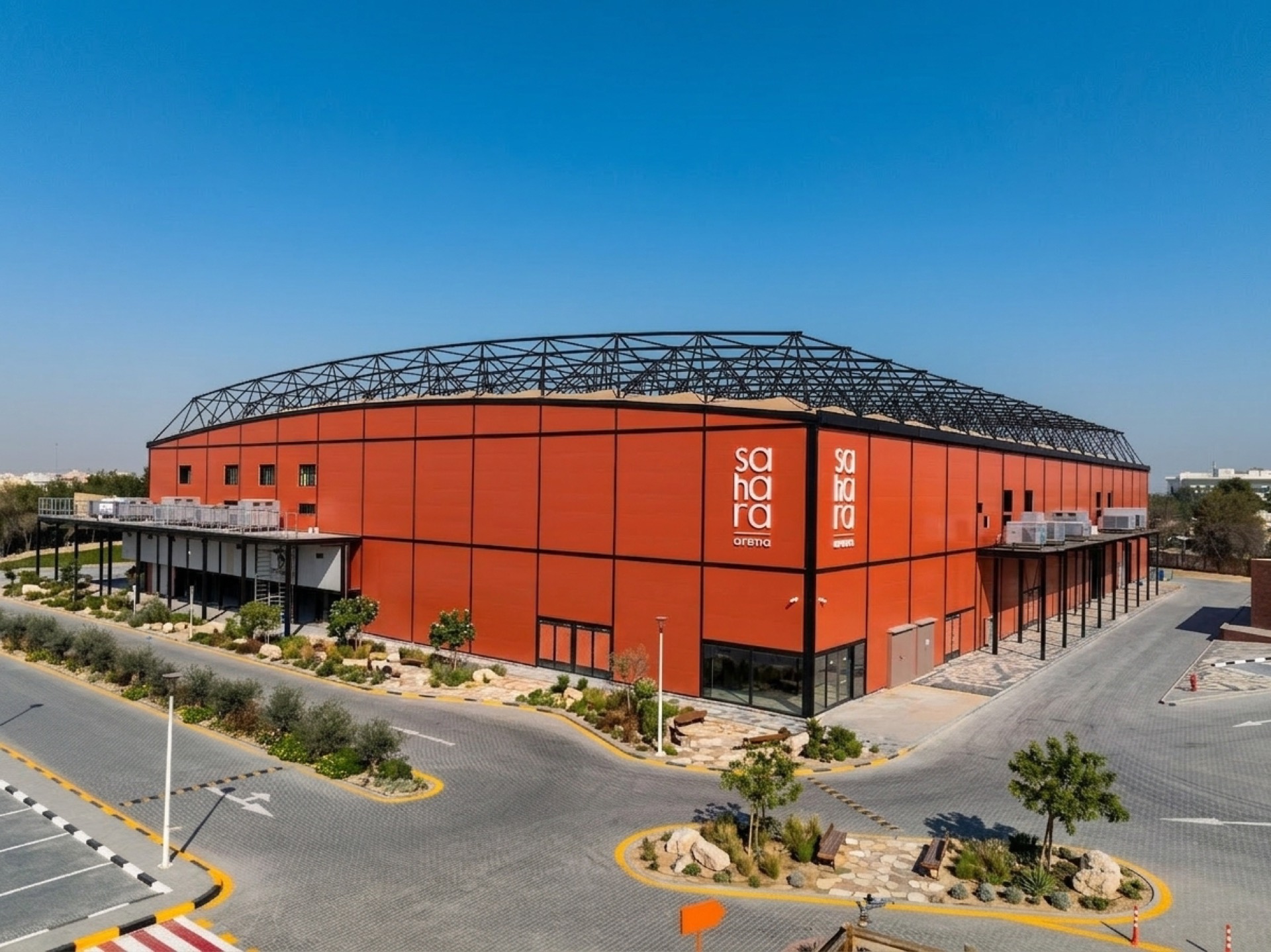 Sahara Arena's terracotta shell beneath its steel space-frame