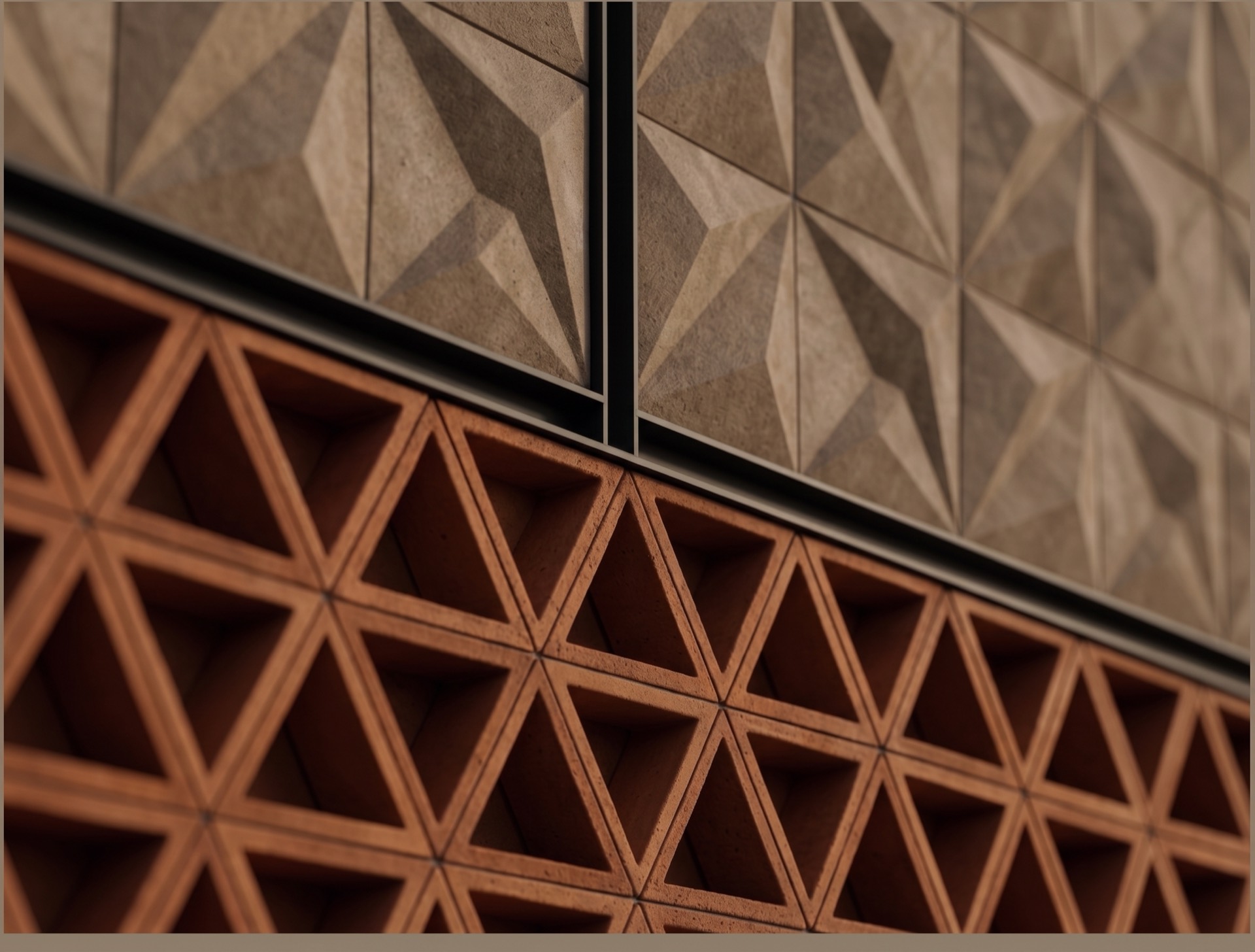 Triangular terracotta breeze-block facade detail
