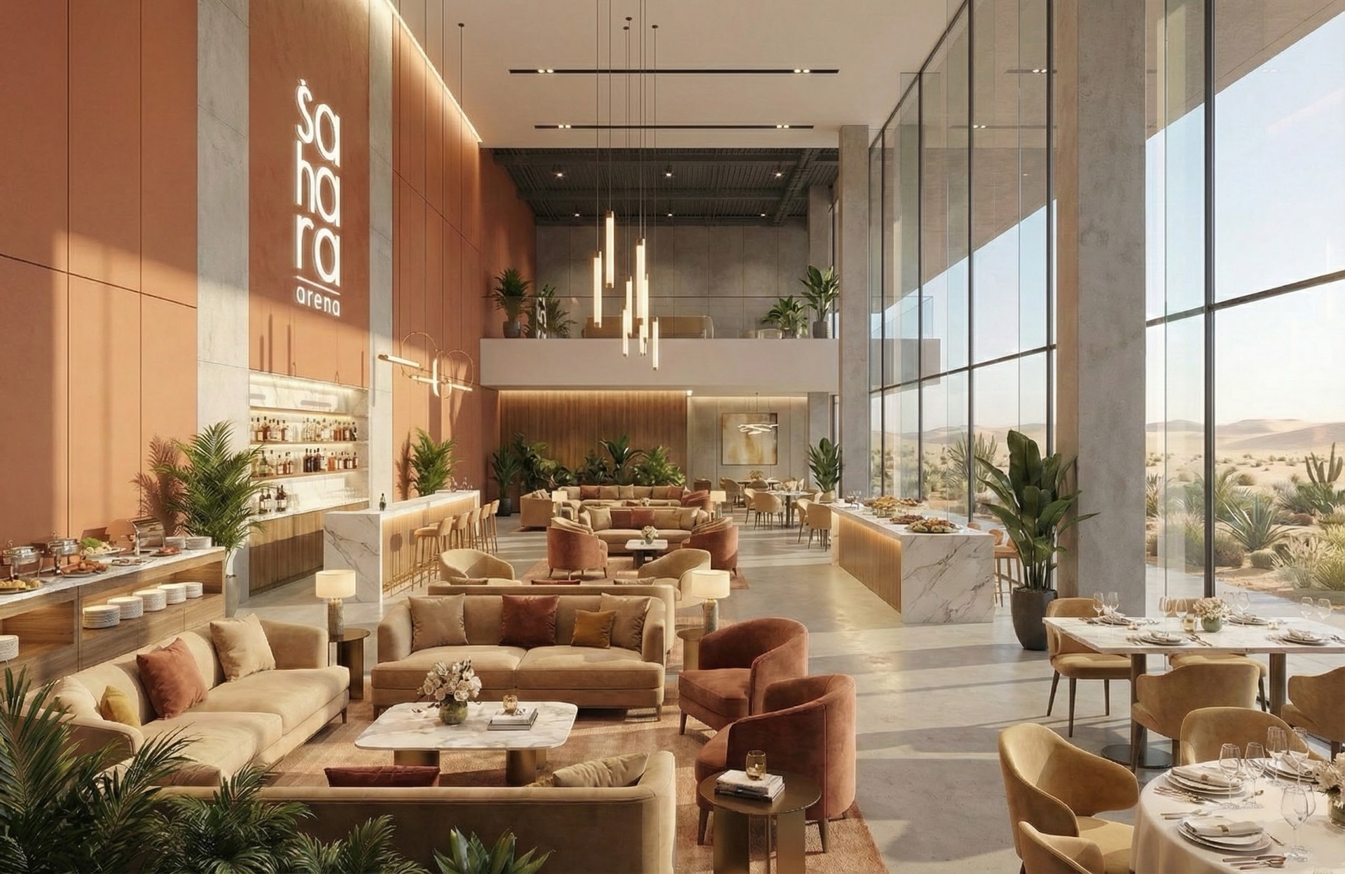 Dining lounge with a desert view